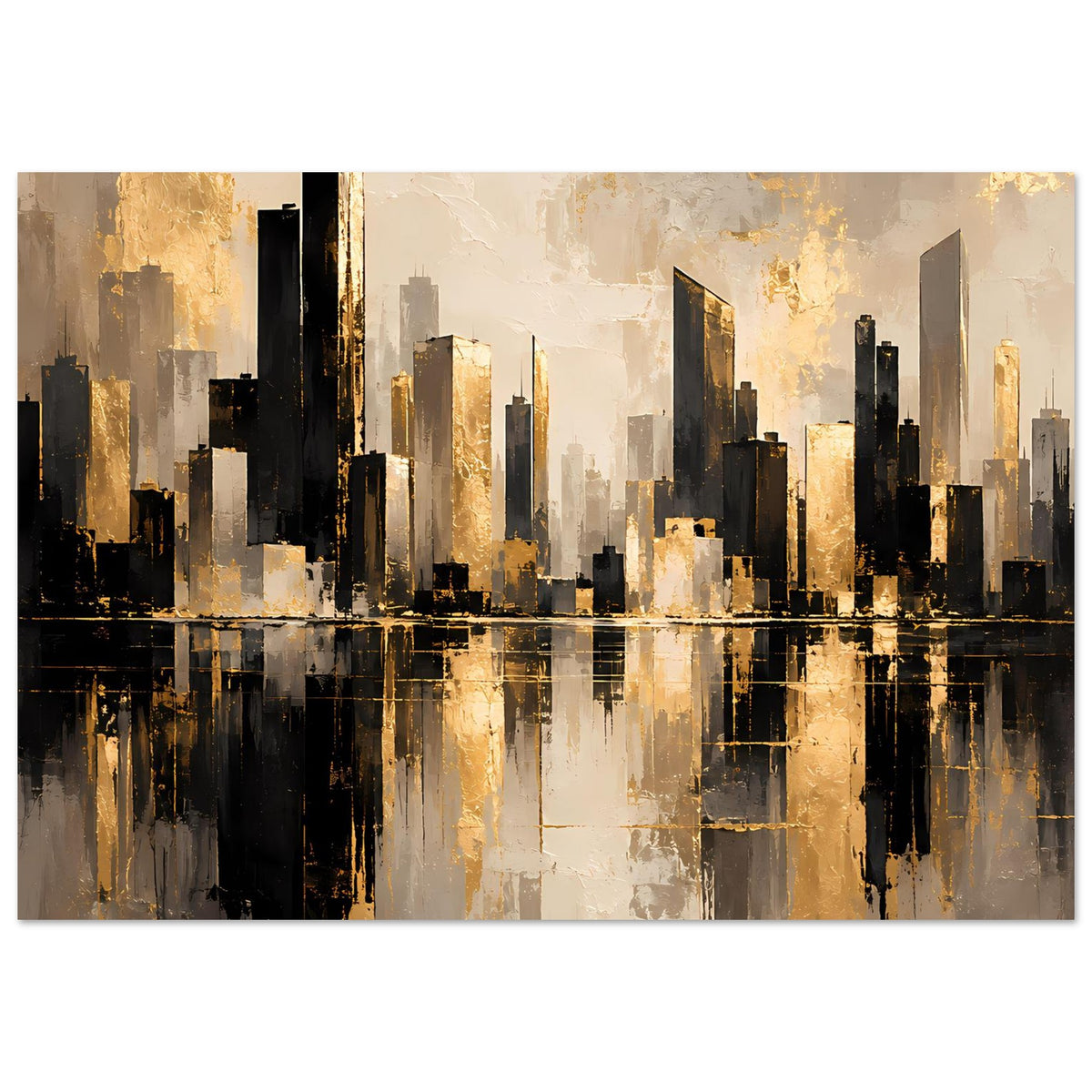 Stadtposter im Querformat: goldene Skyline-Reflexionen auf Wasser, grau-schwarz
