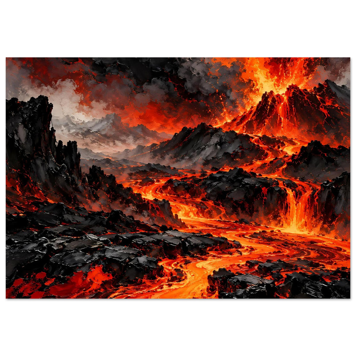 Poster Vulkaneruption: dunkle Kraterlandschaft, glühende Lava, orange Rauch und Funken.