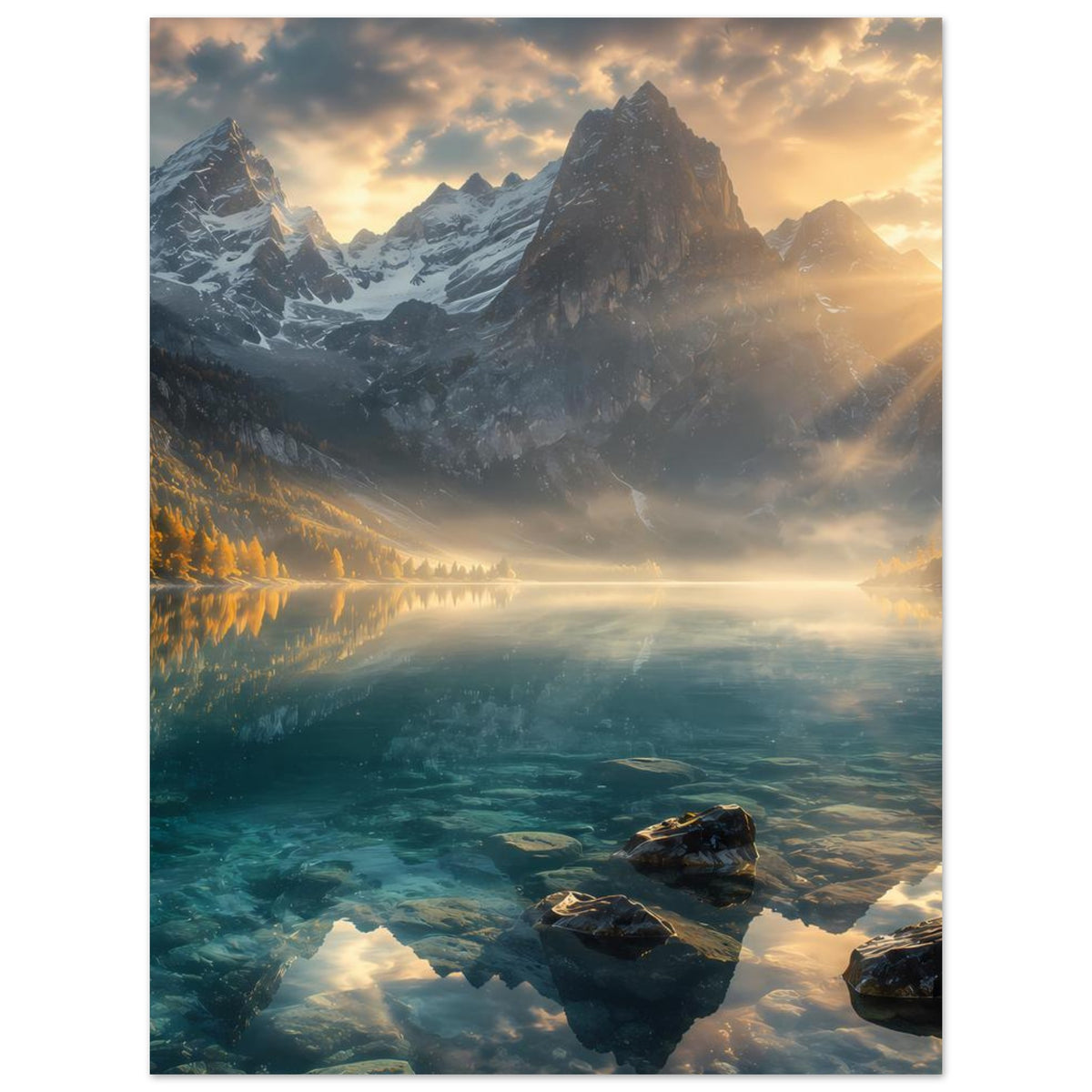 Poster mit Berg-See-Landschaft, Sonnenstrahlen, Felsbrocken im Vordergrund, goldener Himmel