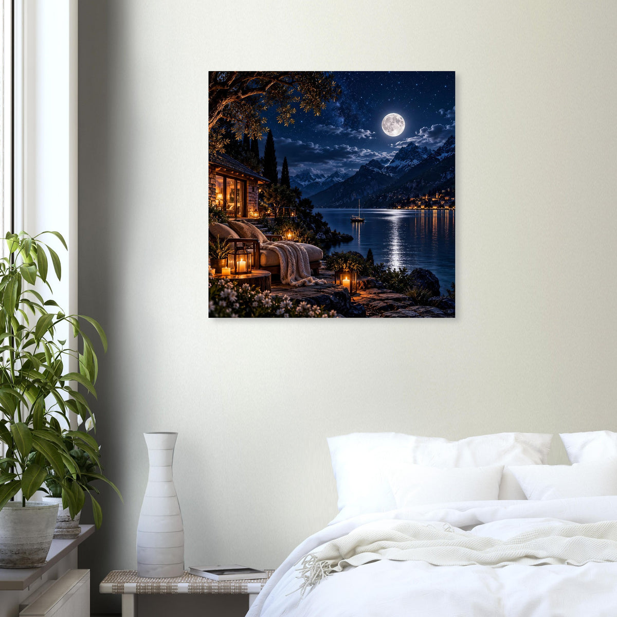 Poster mit Vollmond über See, Bergsilhouette und Lichter am Ufer