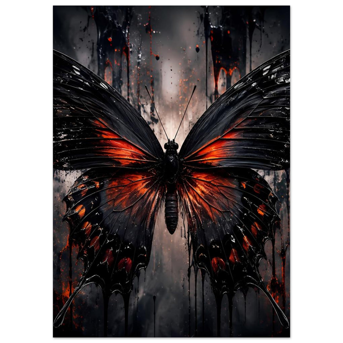Vertikales Poster mit symmetrischem Schmetterling: schwarze Flügel, orange-rote Akzente, Spritzer