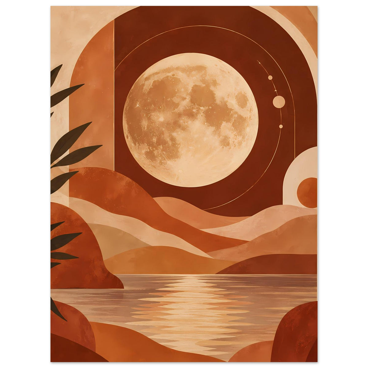 Poster mit Vollmond über Wüstenhügeln, konzentrischen Kreisbögen und Terrakottafarben