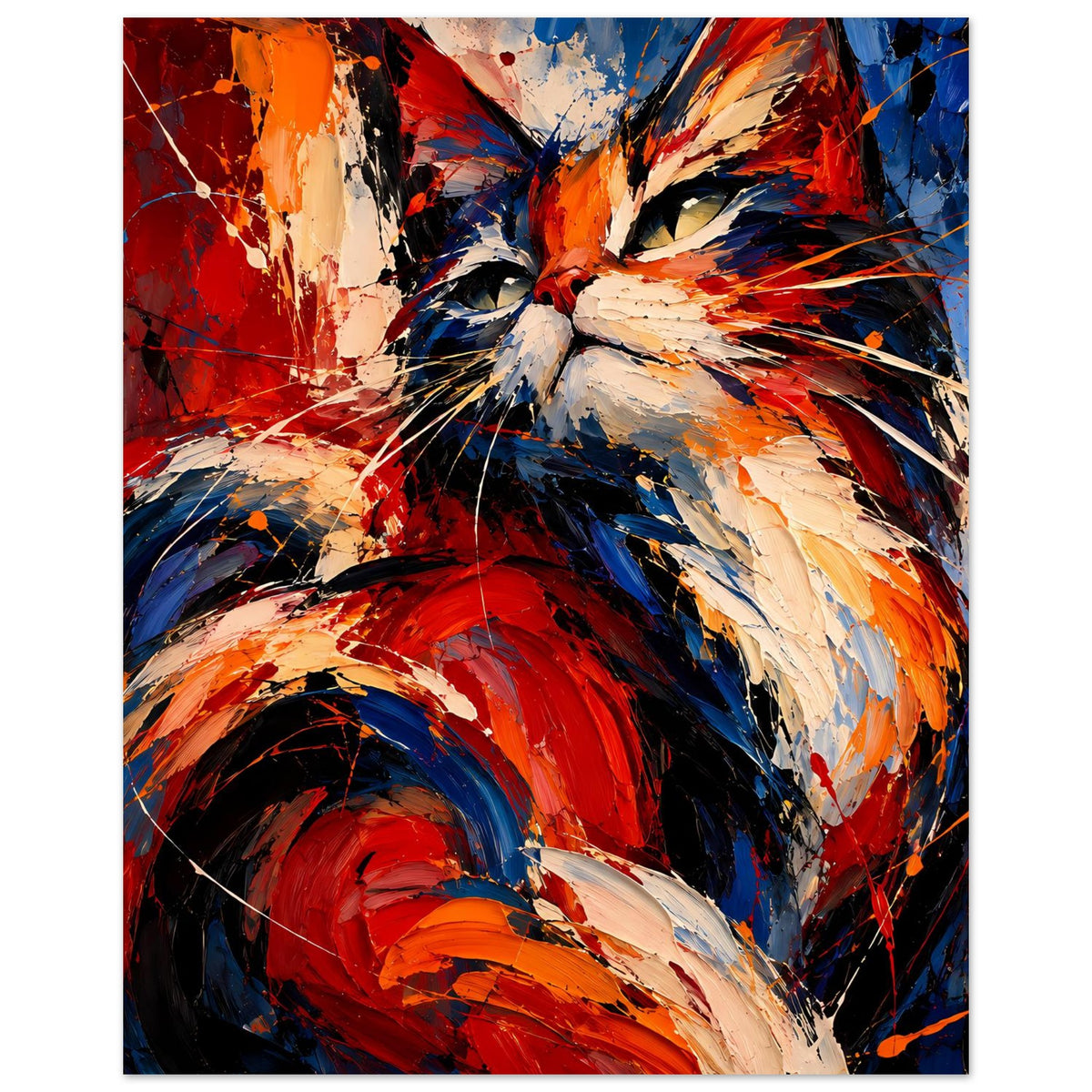 Abstraktes Katzenposter im Hochformat: Augen und Schnurrhaare in Rot-Blau-Orange, dynamisch