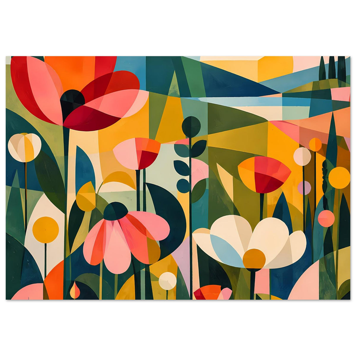 Abstraktes Blumenposter mit bunten Blüten und geometrischen Berg- und Linienformen