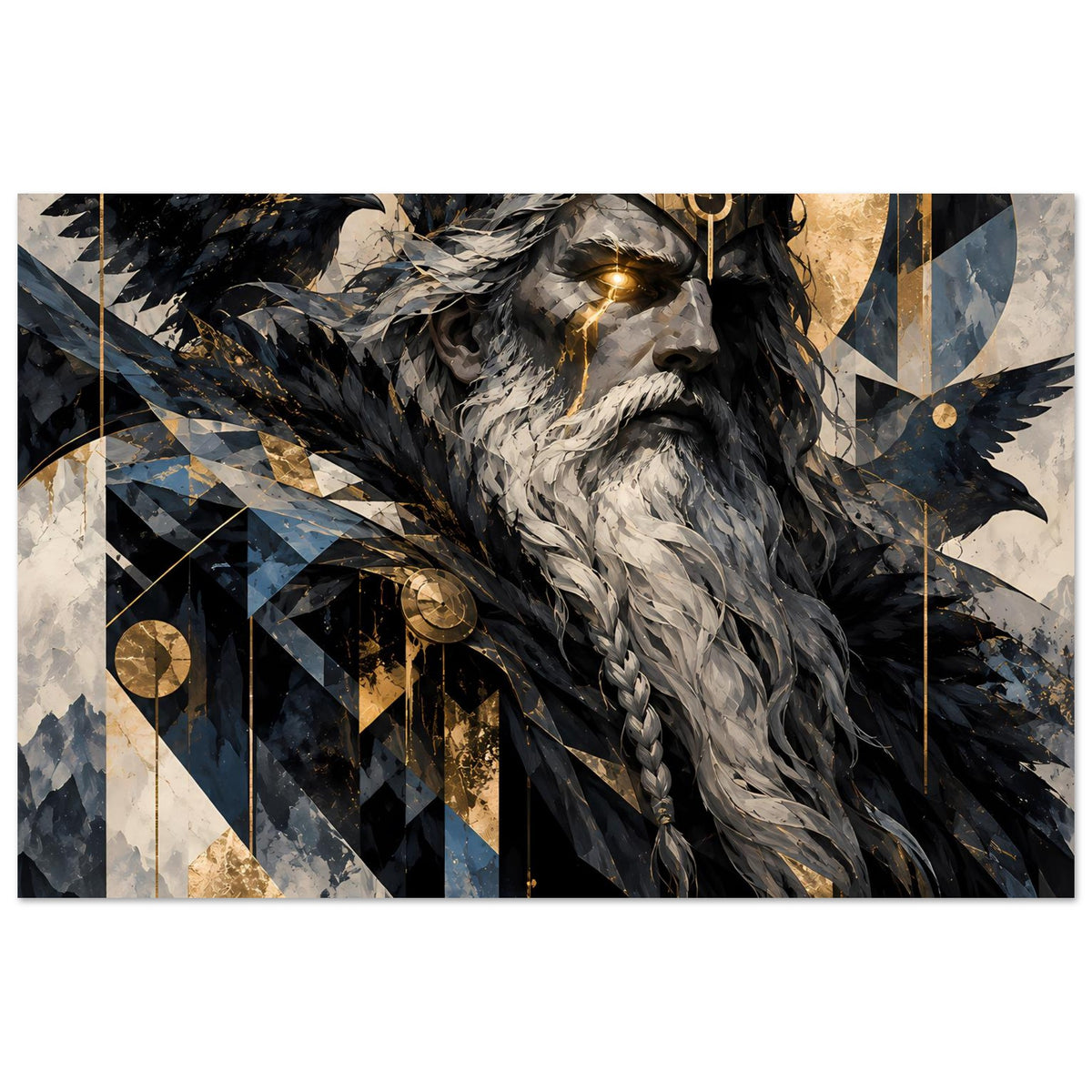 Wandposter Odin mit grauem Bart, schwarzem Federumhang, goldenen Akzenten und blauem Muster