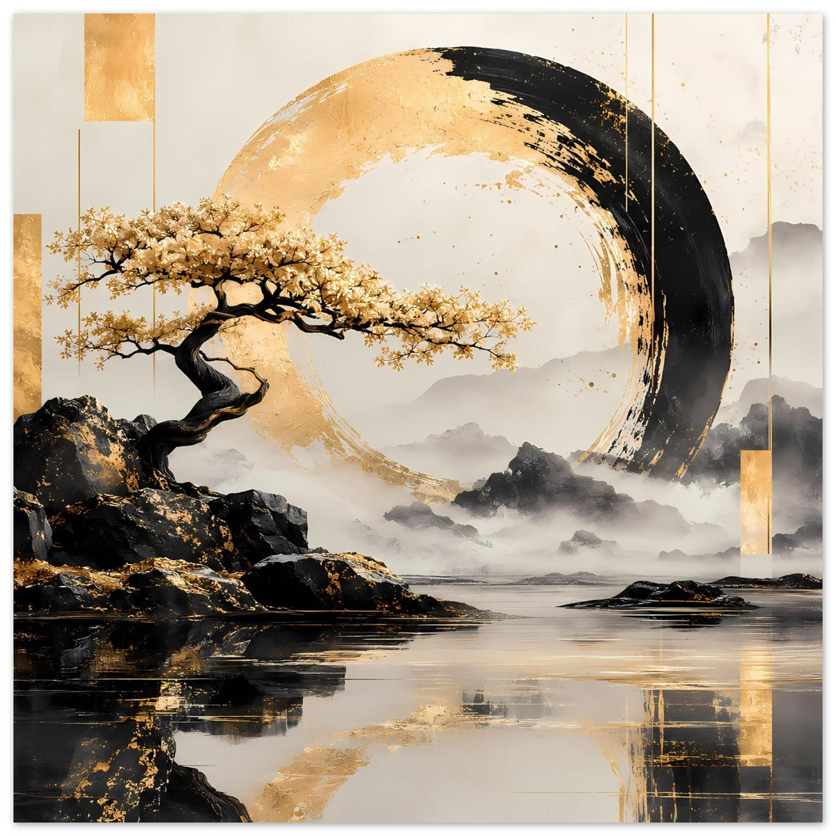 Poster mit gold-schwarzem Kreis, Bonsai-Baum und ruhiger Seelandschaft, Wasserreflexionen