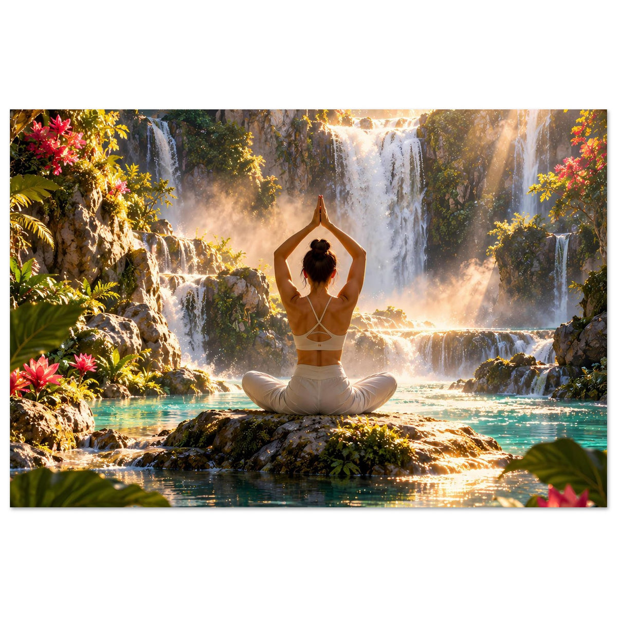 Yoga-Meditationsposter mit ruhender Frau im Lotussitz vor Wasserfall und sanftem Licht