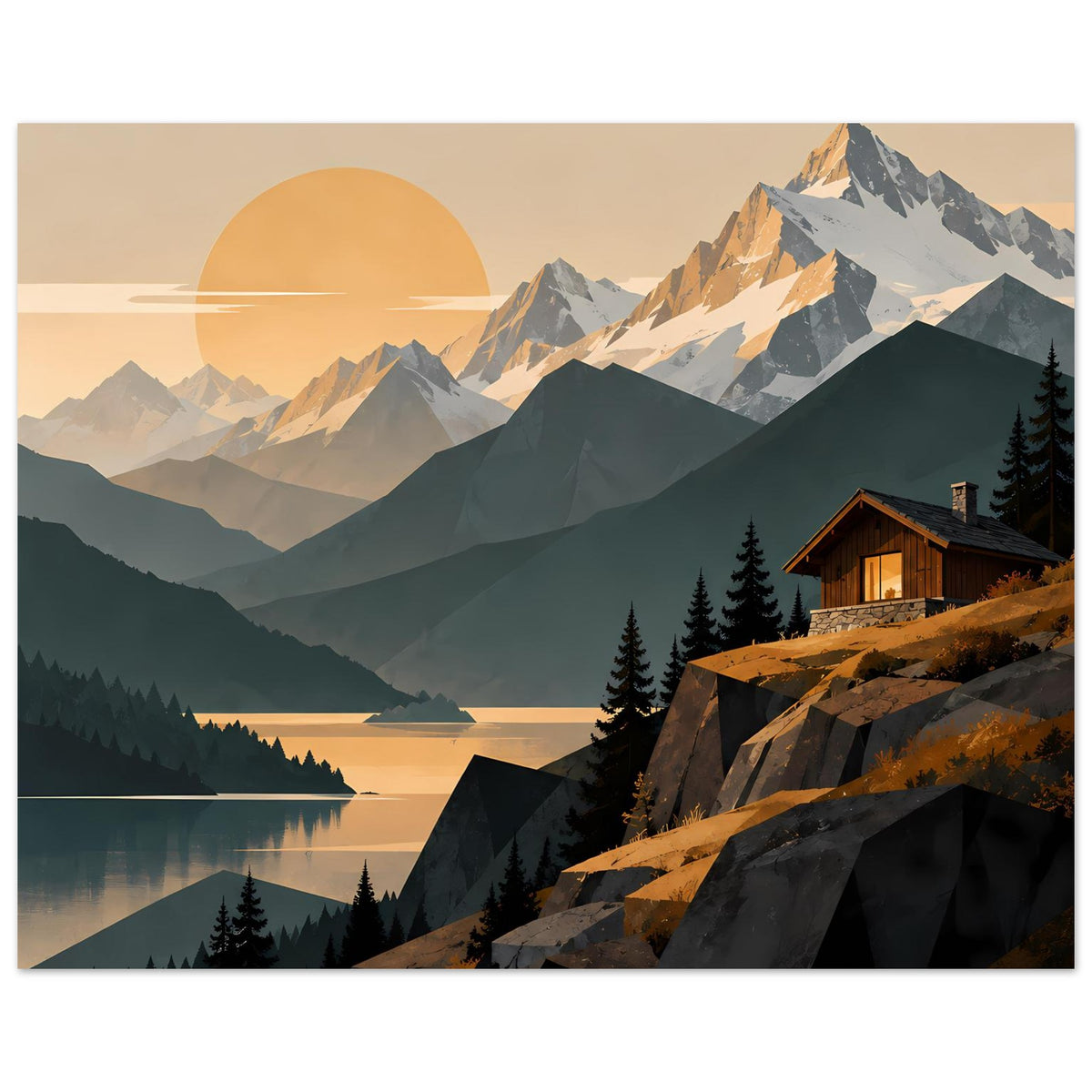 Landschaftsposter im Querformat: Bergsee mit Reflexion, Hütte am Hang, Abendsonne