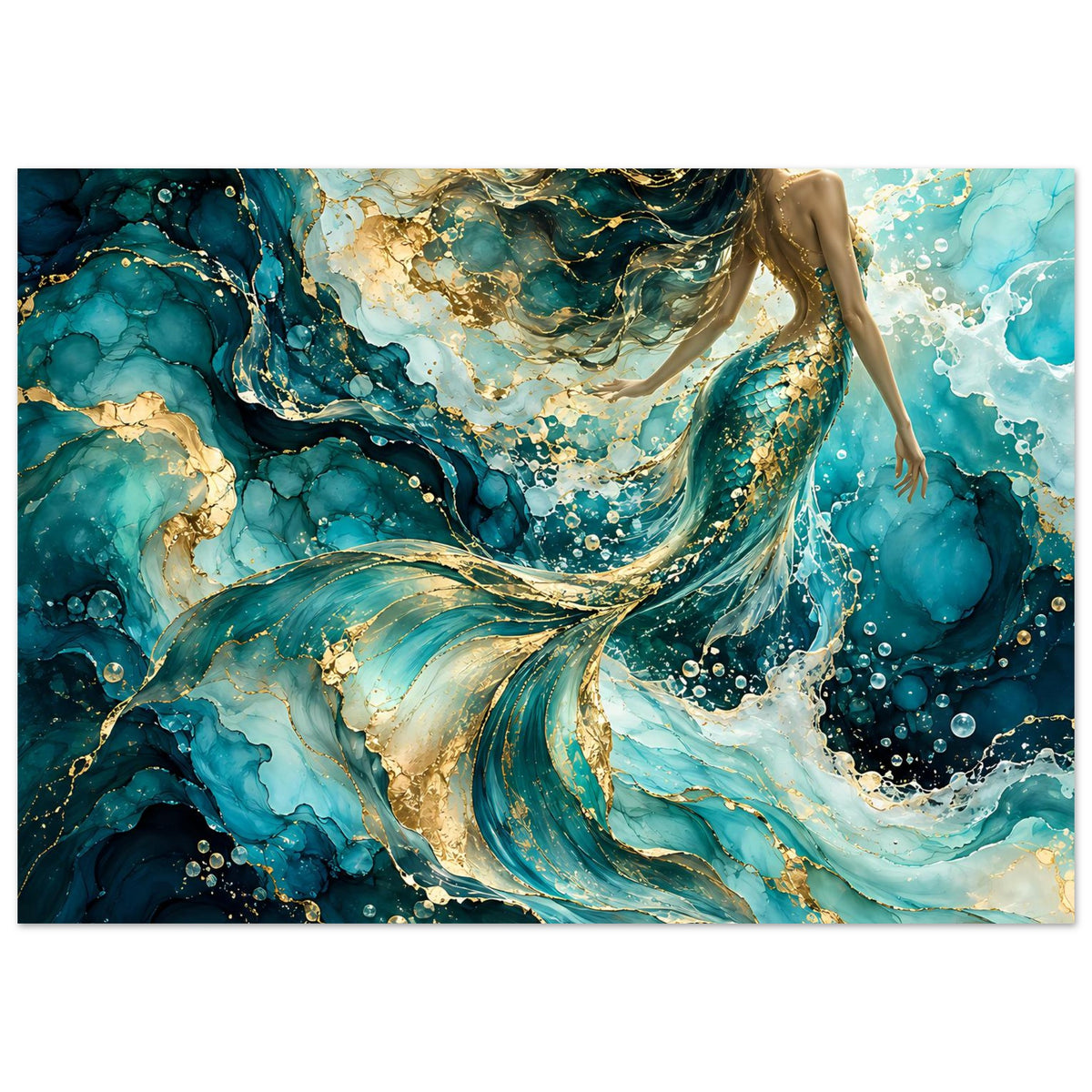 Kunstposter Meerjungfrau-Illustration mit Flossenfächern, türkisgrünen Wellen und goldenen Linien