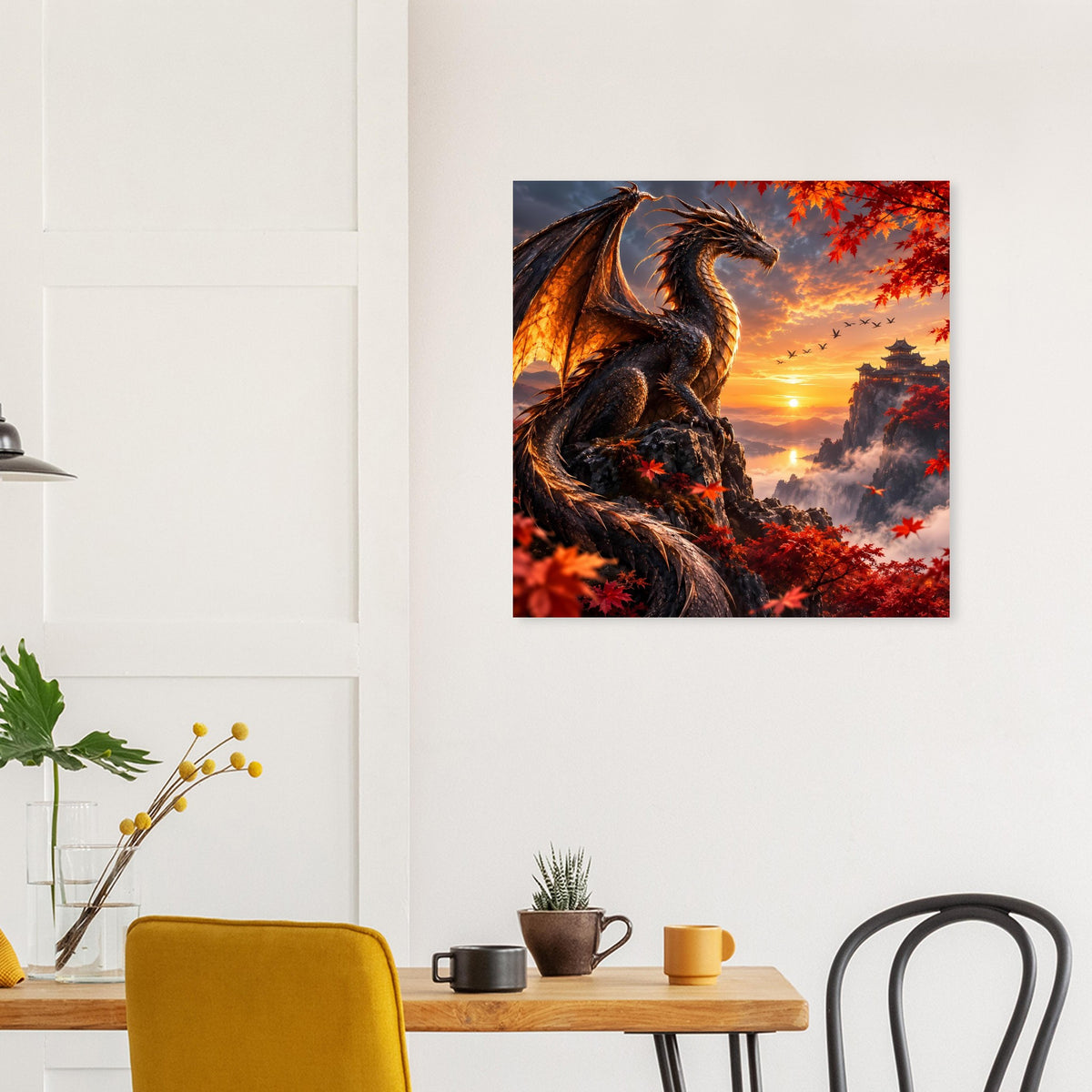 Quadratisches Poster mit dunklem Drachen und orangefarbenem Sonnenuntergang über roten Blättern