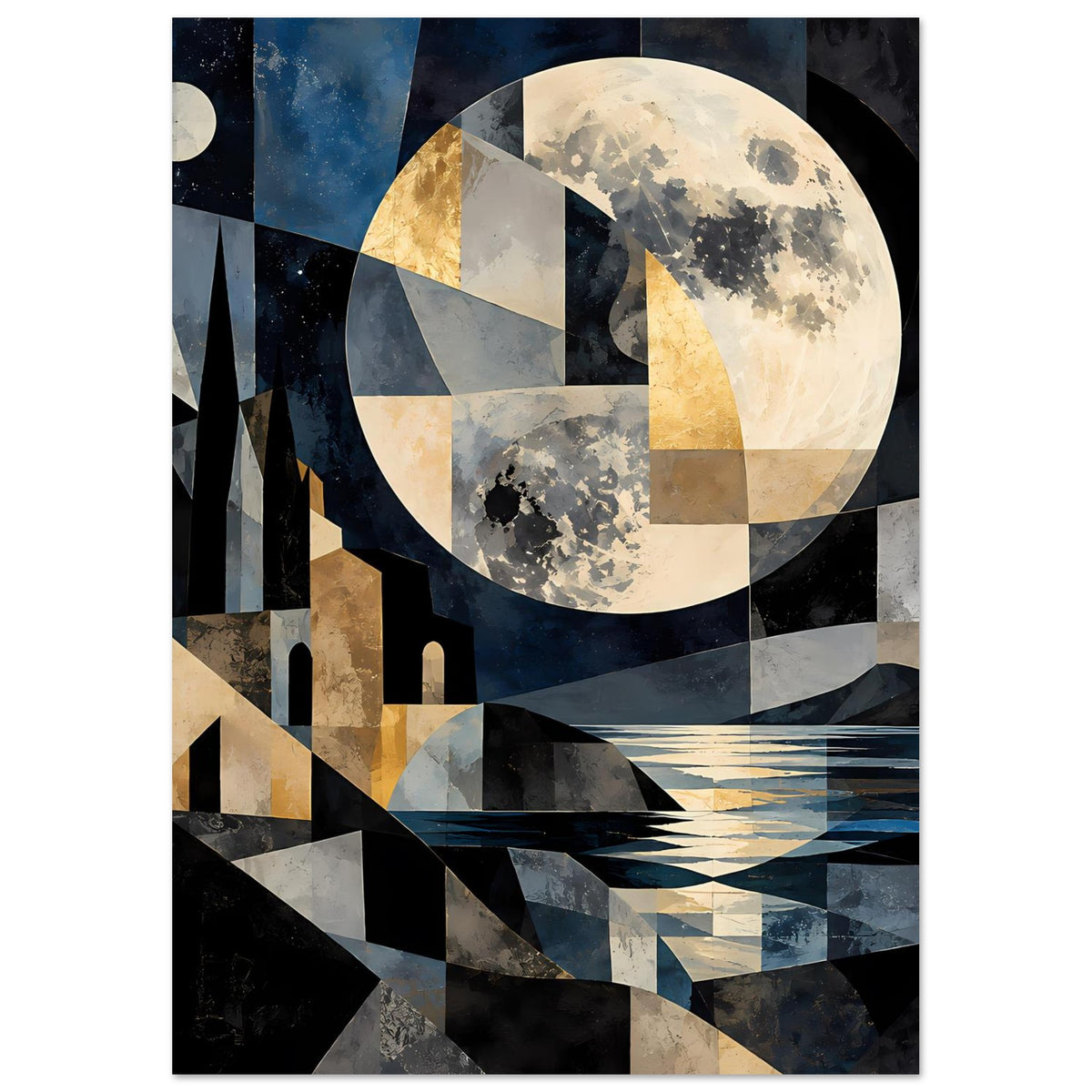 Poster im Hochformat mit geometrischem Mondmotiv, abstrakter Burg und Brücke in Blau/Grau/Gold