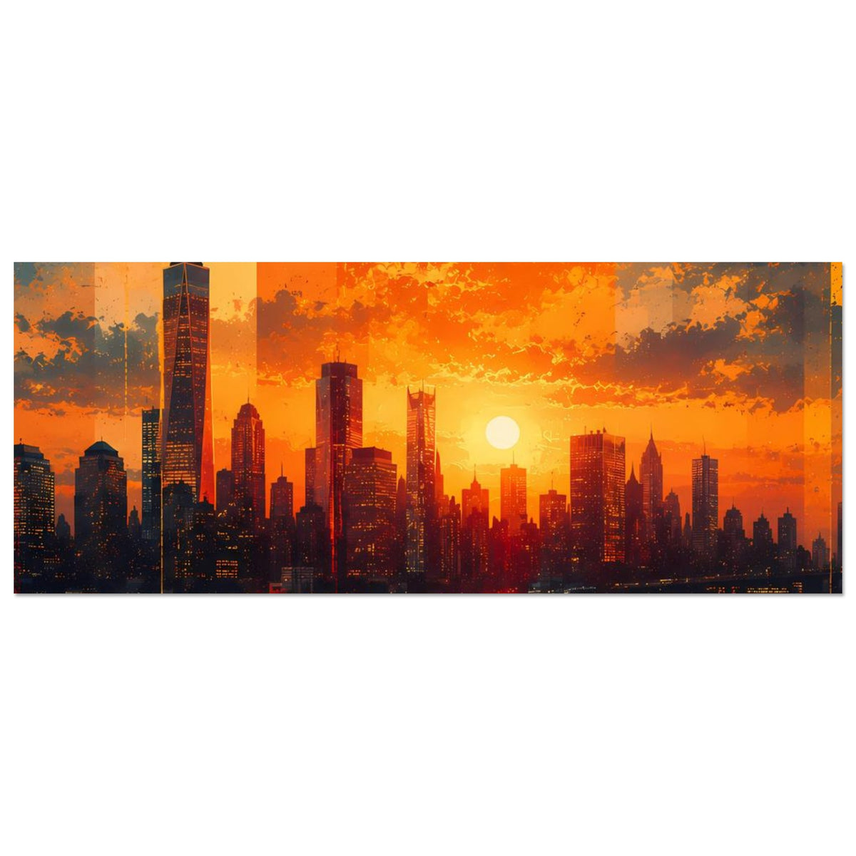 Querformat-Poster mit Skyline im orangefarbenen Abendhimmel und reflektierendem Wasser, gerahmt
