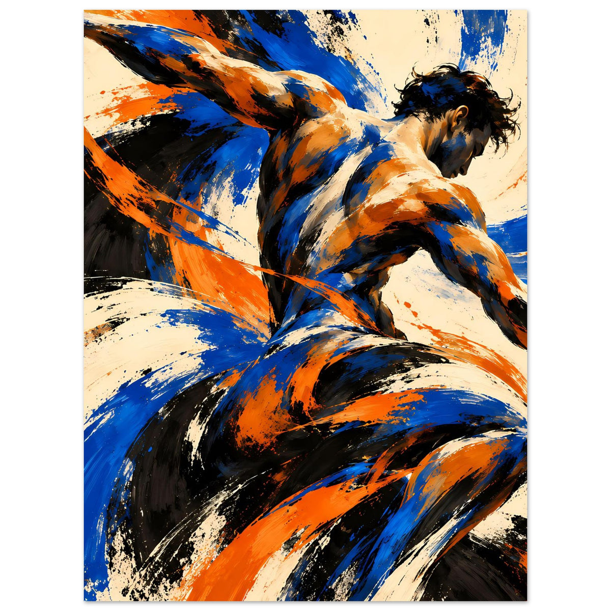 Abstraktes Kunstposter, dynamische Aktfigur mit Pinselstrichen in Blau, Orange und Schwarz