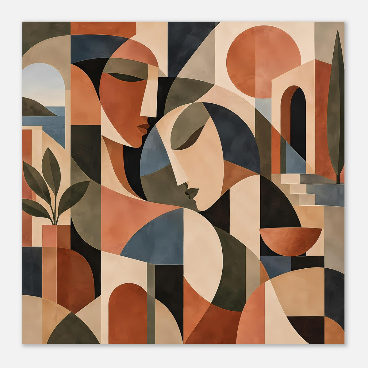 Abstrakter Poster-Print mit Gesichtern sowie Bogen- und Türformen, Terrakotta und Blau