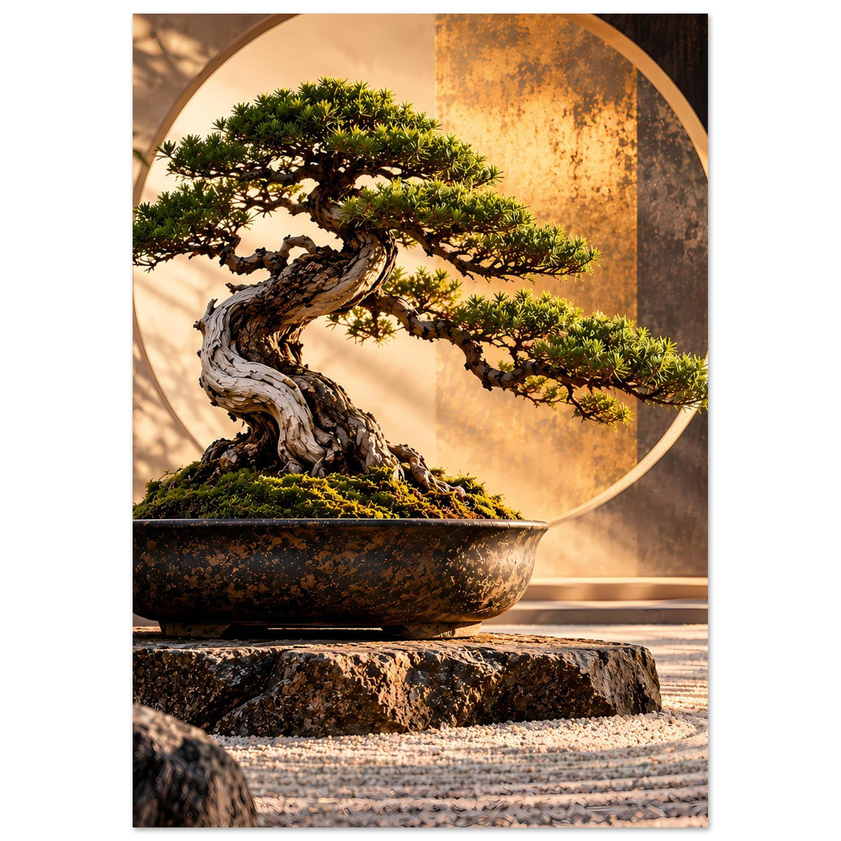 Hochformat-Poster mit Bonsai-Schale, Moospolster und goldener Kreisrückwand