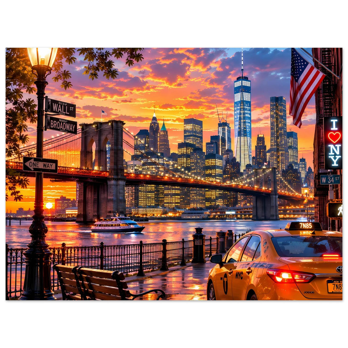 Stadtposter im Querformat: Skyline bei Abendrot, gelbes Taxi am Ufer