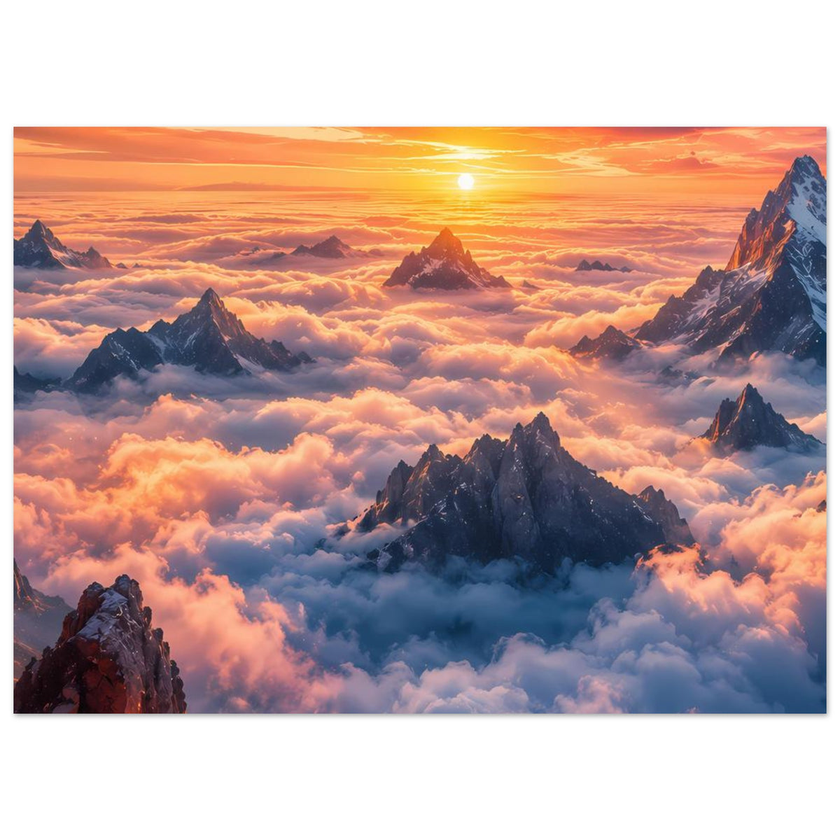 Wandposter mit Sonnenaufgang über Berggipfeln im Wolkenmeer, horizontal ausgerichtet