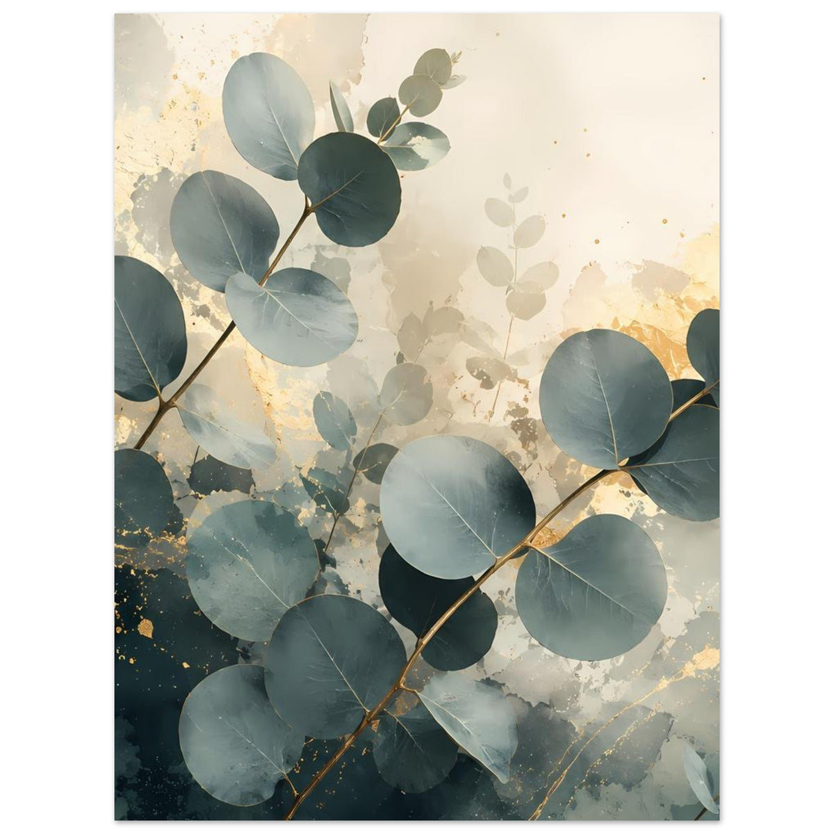 Eukalyptus-Poster im Hochformat: blaugrüne Eukalyptusblätter mit goldenen Sprenkeln