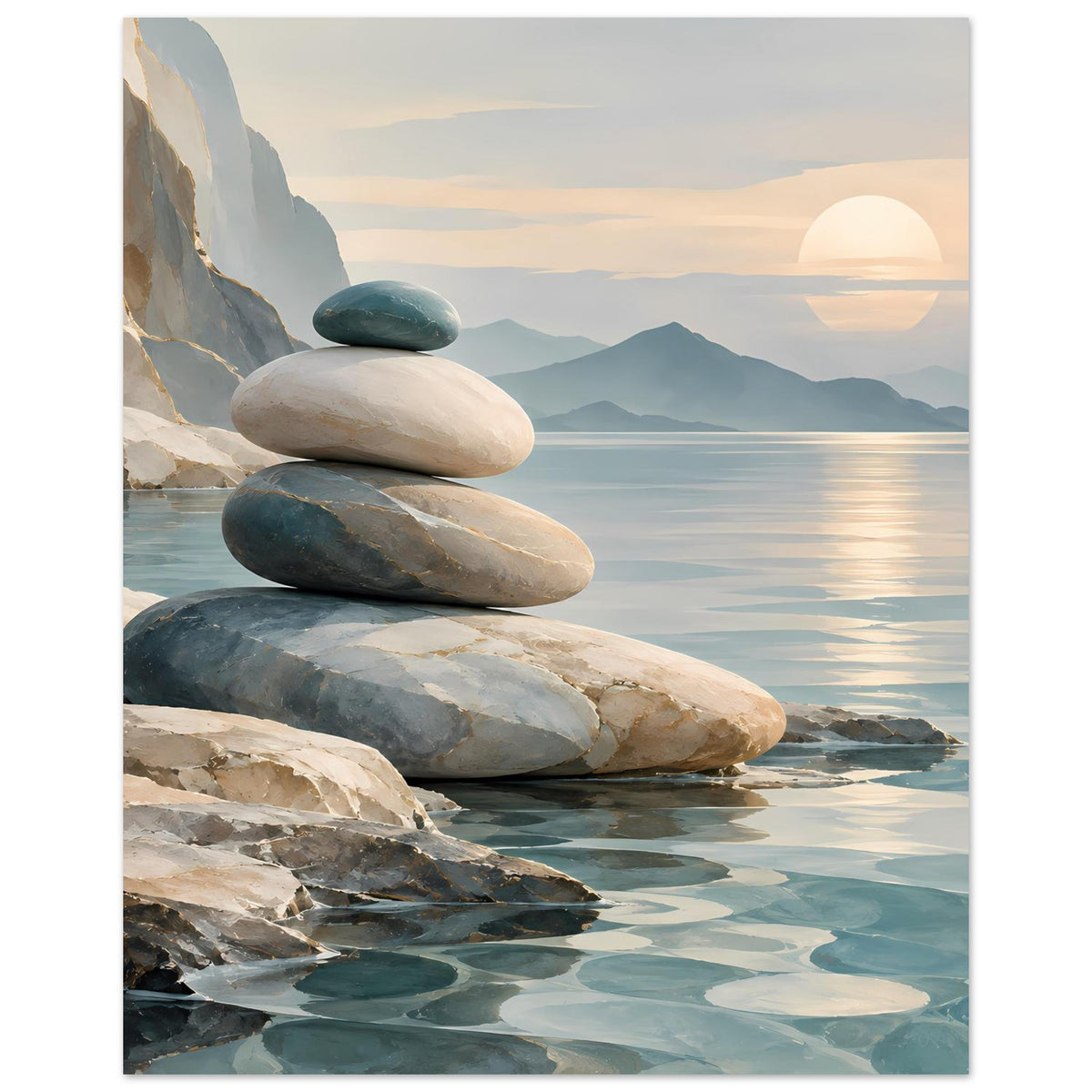 Poster mit Steinstapel und Strandfelsen, Wasseroberfläche mit wellenförmigen Reflexen