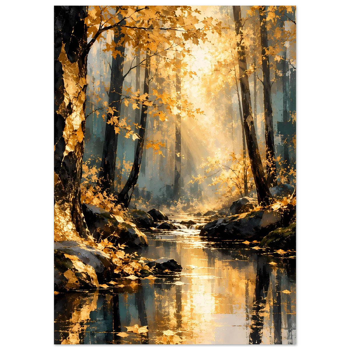 Herbstwald-Poster vertikal: Baumallee mit goldenen Blättern und Bach