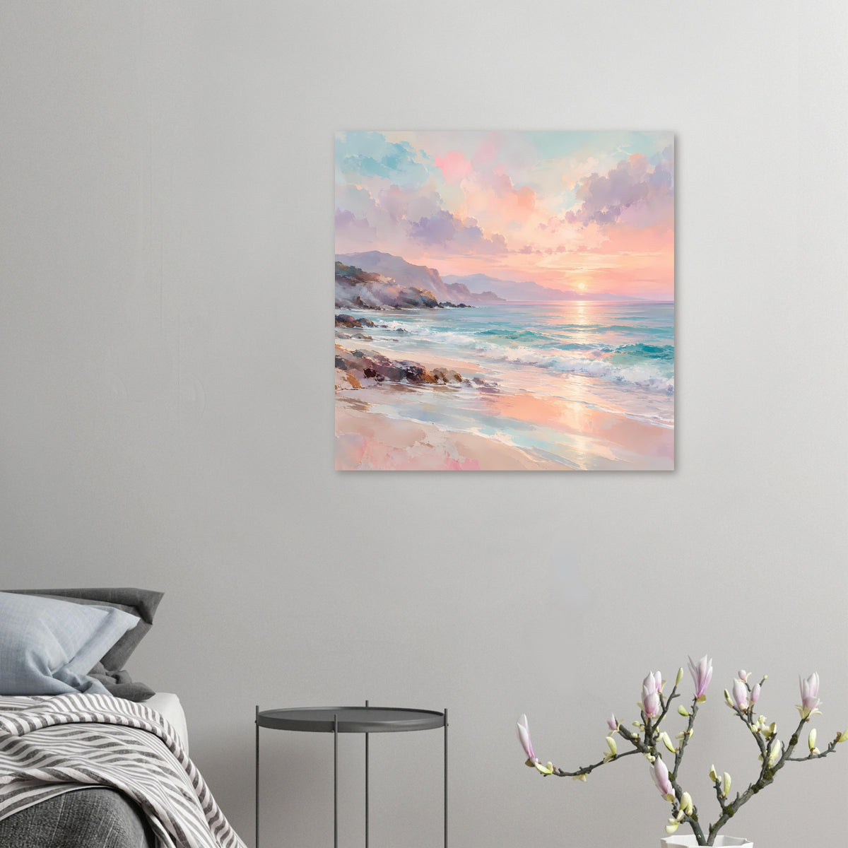 Kleines Poster im Quadratformat mit Strandlandschaft und Sonnenuntergang