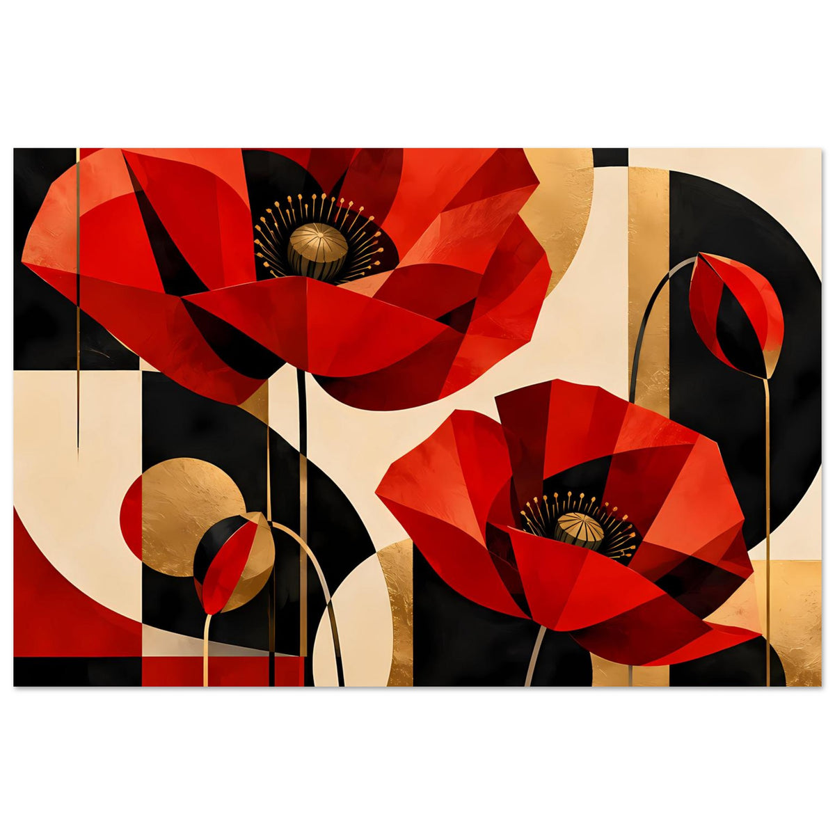 Abstraktes Kunstposter mit roten Mohnblumen, goldfarbenen Akzenten und klaren Blockfarben