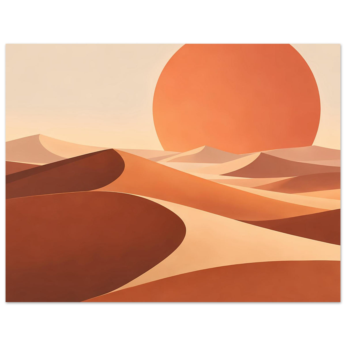 Abstraktes Wüstenposter im Querformat: orange Sonne über Dünen in Ocker und Rostrot