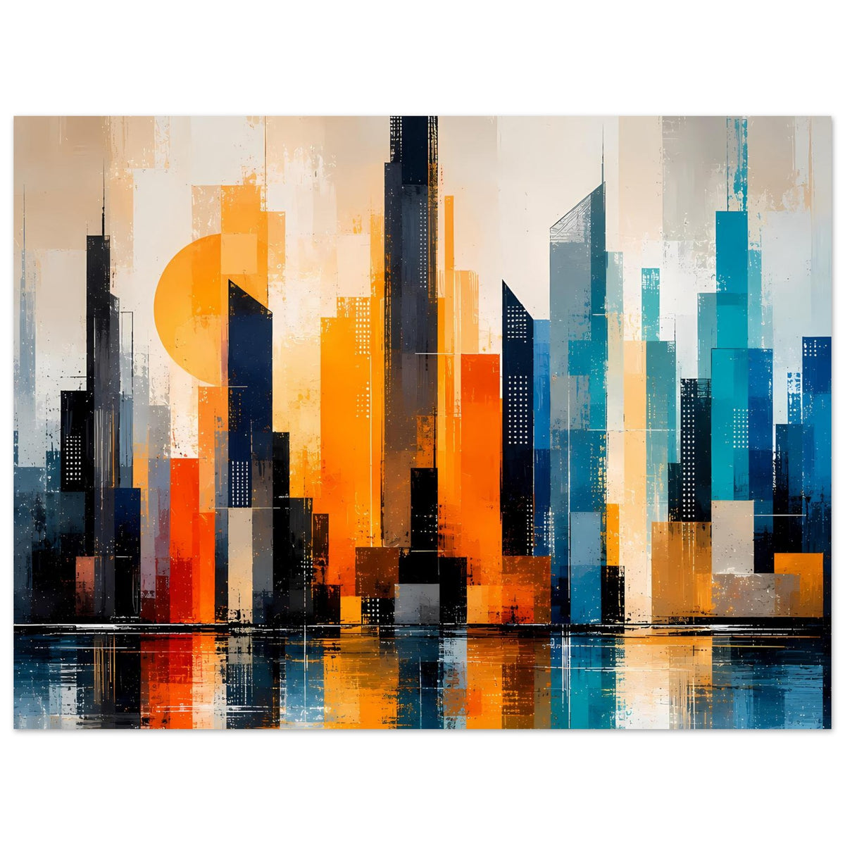 Abstraktes Skyline-Stadtposter mit orangefarbenen und türkisfarbenen Hochhäusern, Spiegelung