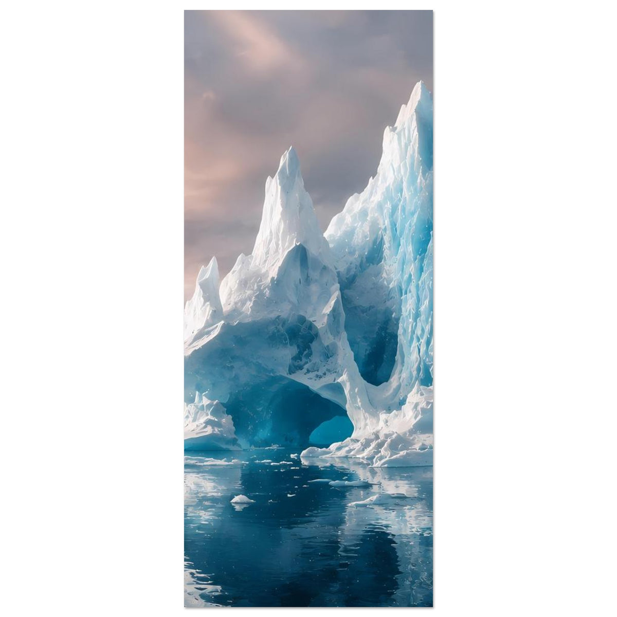 Vertikales Poster mit Eisberg-Motiv: hohe blau-weiße Eisschichten über Wasserfläche