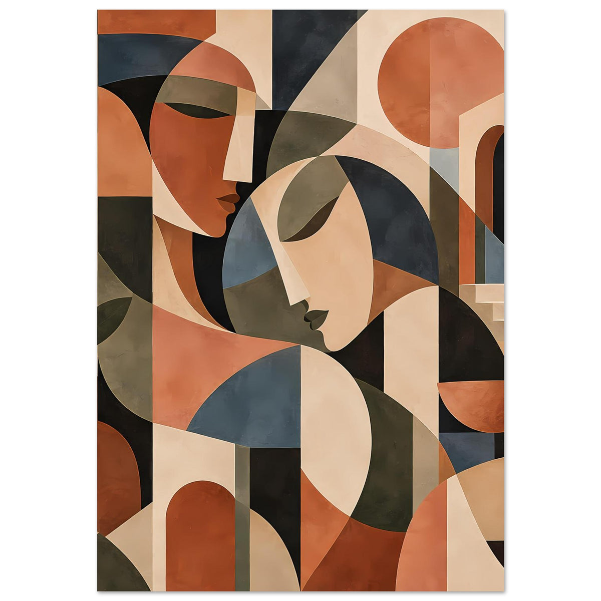 Kunstposter mit stilisierten Gesichtern und organischen Formen, Terrakotta-, Blau- und Beigetöne