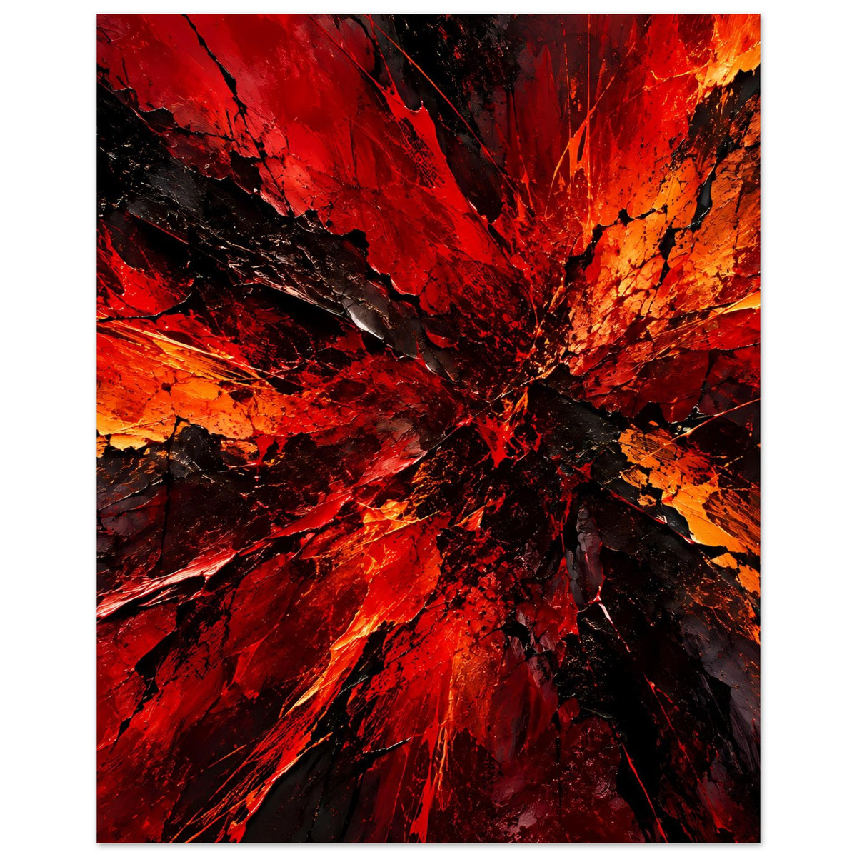 Poster im Hochformat mit radialer Explosion aus Rot, Orange und schwarzen Einschlägen