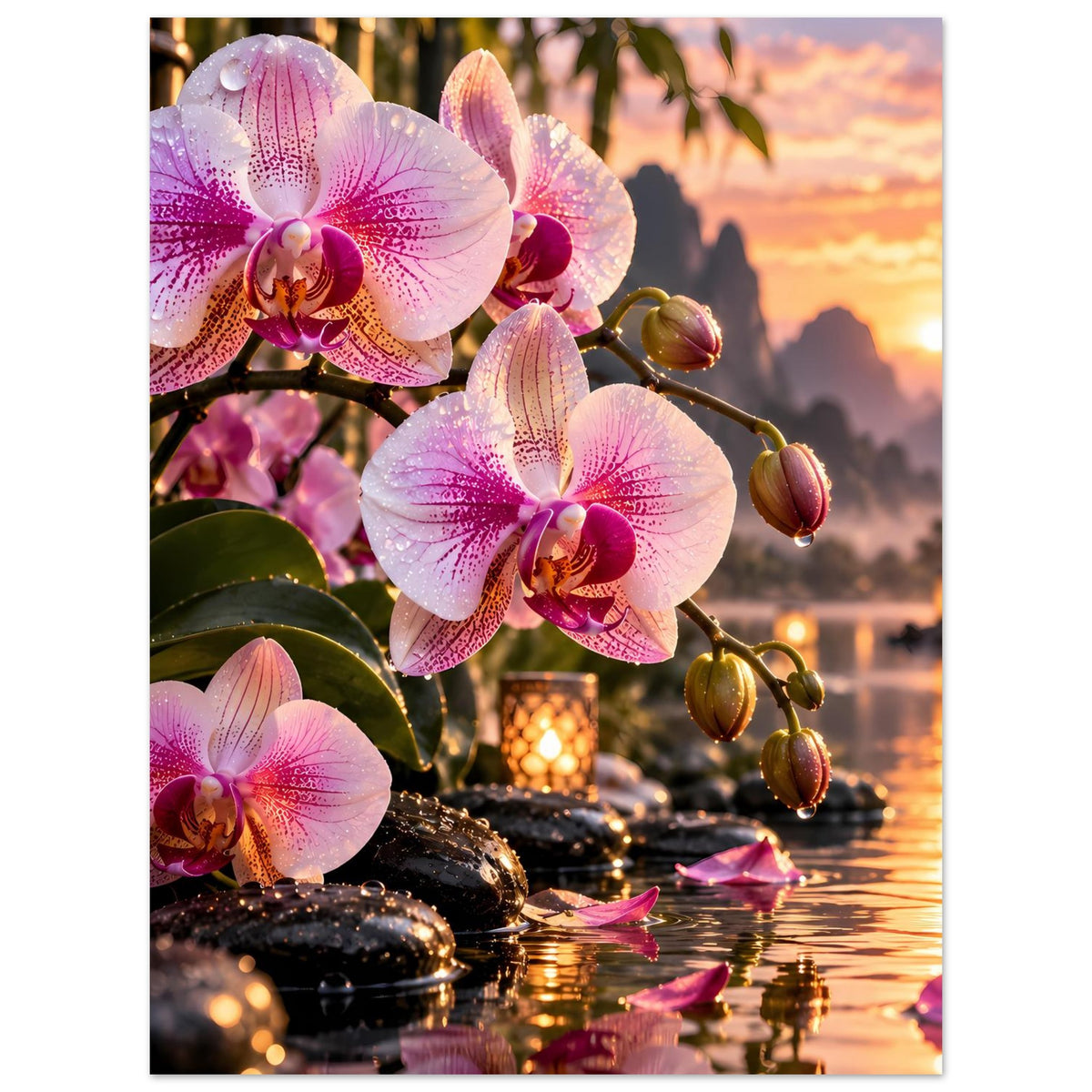 Poster mit rosa Orchideen an Kerzen und Steinen am See