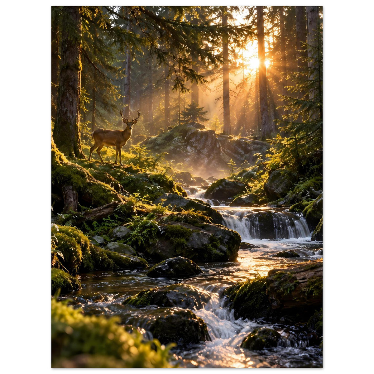 Hochformat-Waldposter: Hirsch am Bach, Sonnenaufganglicht und Wasserfälle