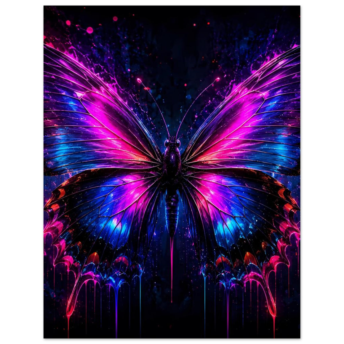 Neon-Schmetterlingsposter im Hochformat, zentraler Schmetterling mit leuchtenden Flügeln