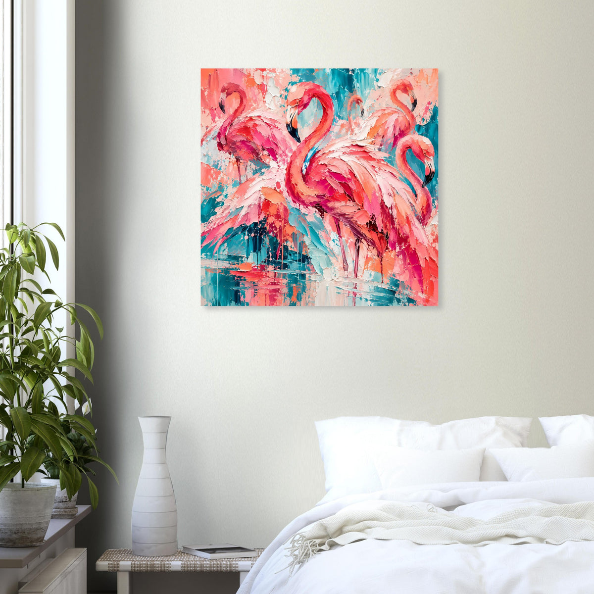 Flamingo-Kunstposter mit pinkem Flamingo und türkisfarbenen Farbakzenten, abstrakt