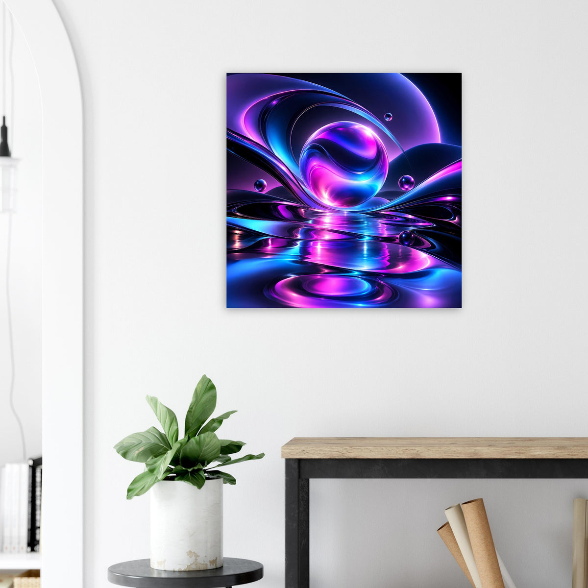 Quadratisches Poster mit abstrakten Blau-Violett-Neonkurven und ringförmigen Reflexionen