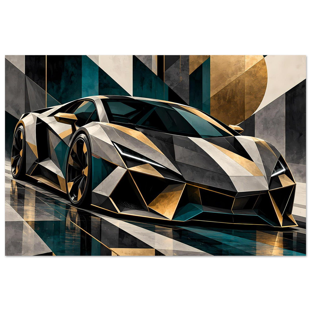 Autoposter mit geometrischem Luxus-Sportwagen, goldene und petrolfarbene Facetten