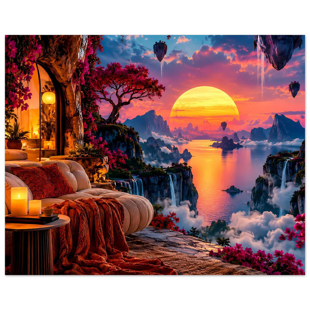 Fantasy-Landschaftsposter im Querformat: Sonnenball am Himmel, Klippen, Nebelwasserfälle und Couch-Ecke