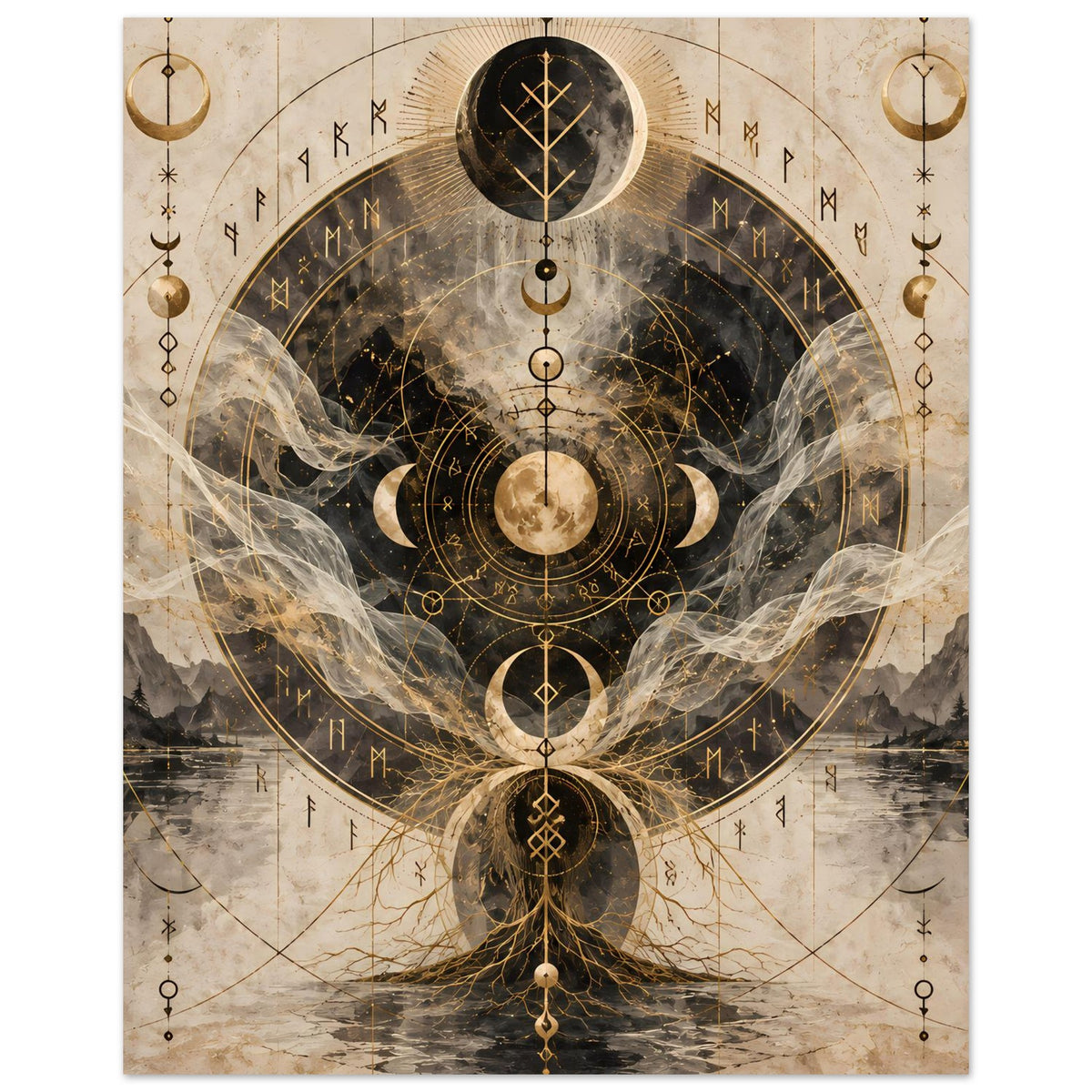 Vertikales Wandposter mit mystischem Mondmandala, goldenen Elementen und grauem Nebel