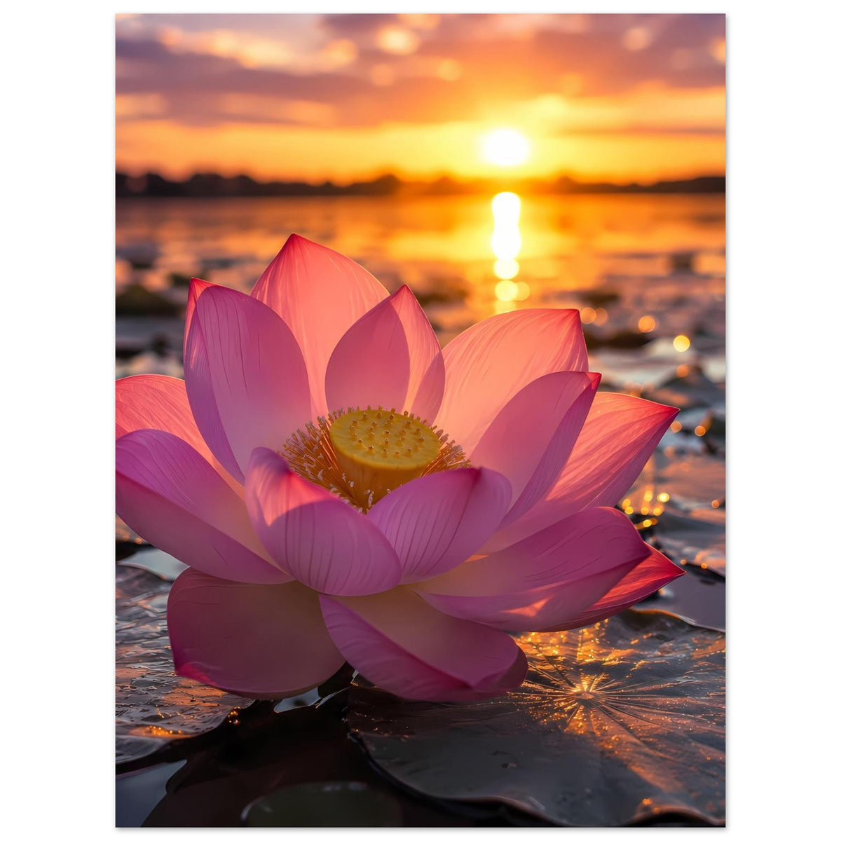 Poster mit großer Lotusblüte in Pink und Lila, leuchtendes gelbes Blütenzentrum