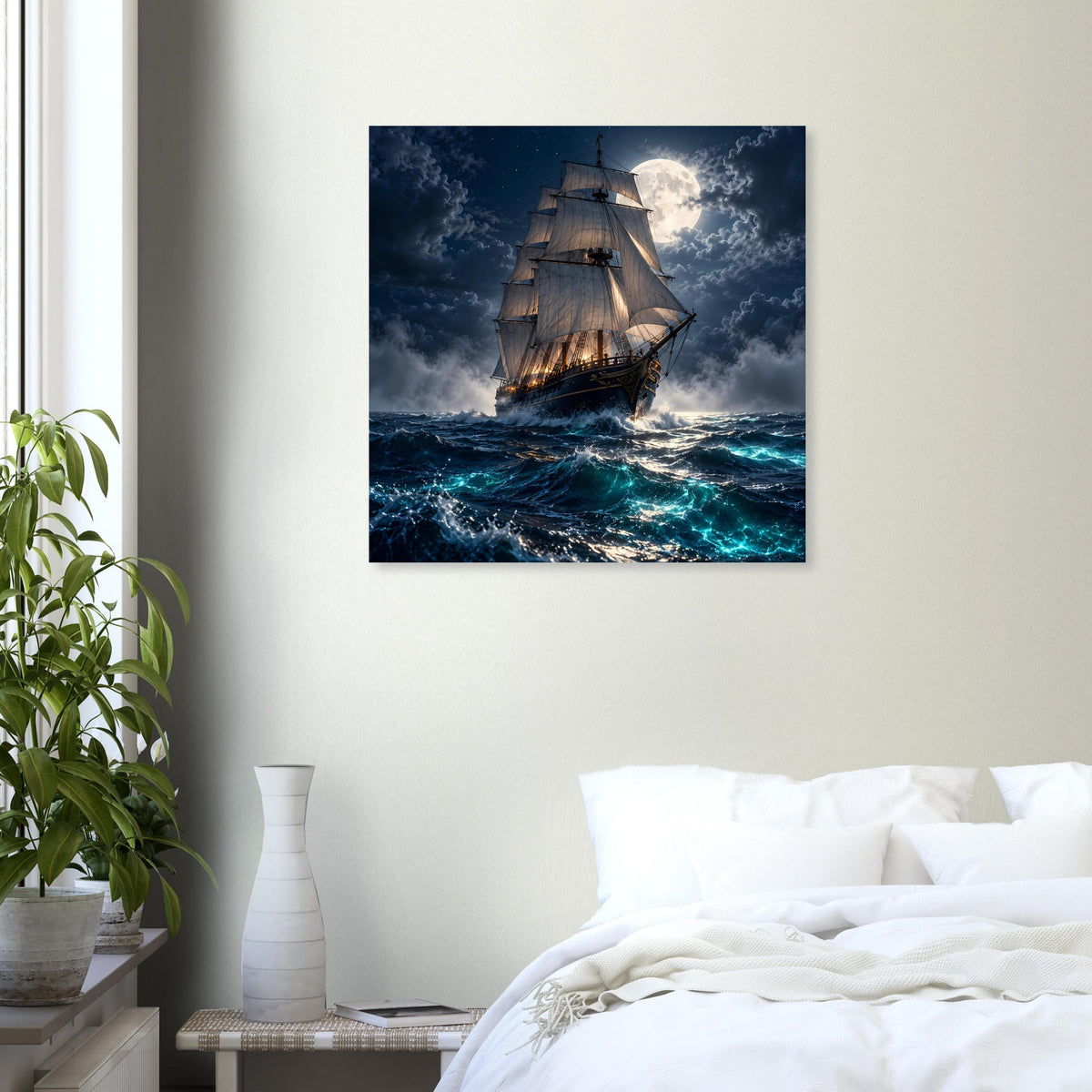 Poster mit Segelschiff im Sturm, Mond am Himmel über bewegter See