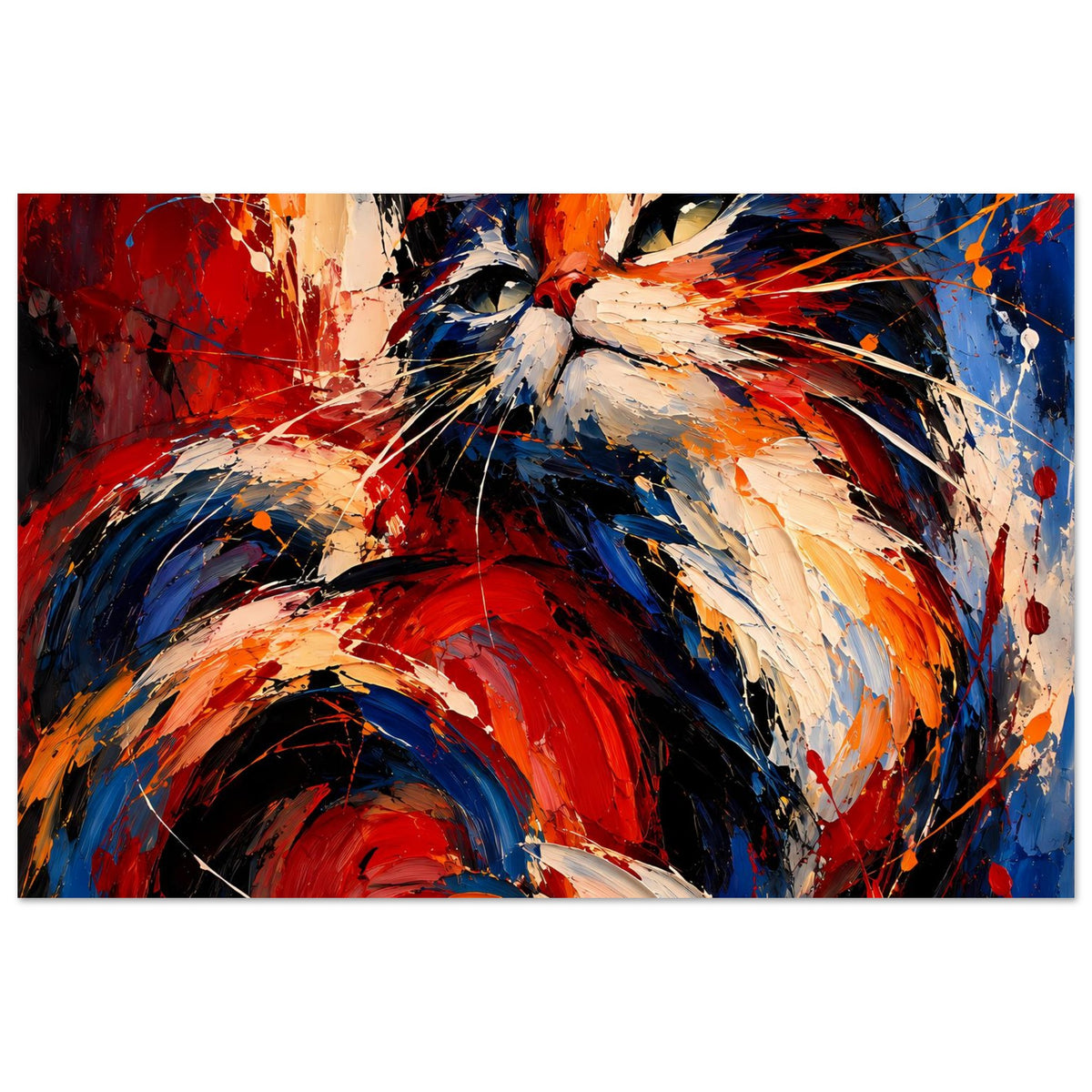 Abstraktes Katzenposter, farbige Katze in abstrakter Maltechnik, rot und blau, horizontal