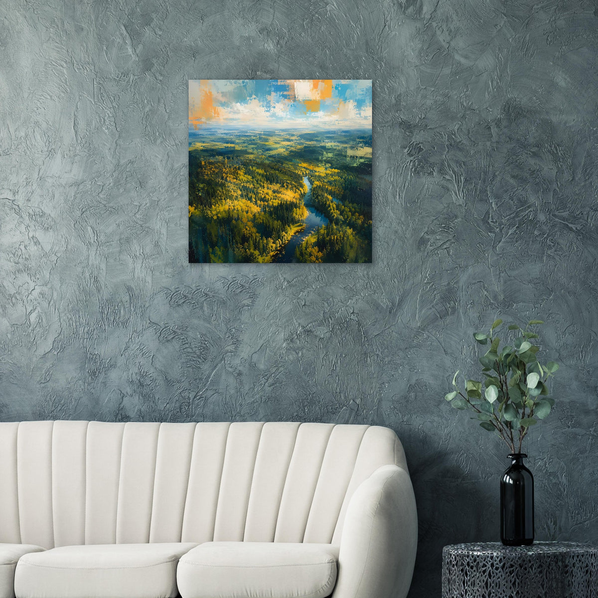 Quadratisches Poster mit Herbstlandschaft und Fluss im Tal