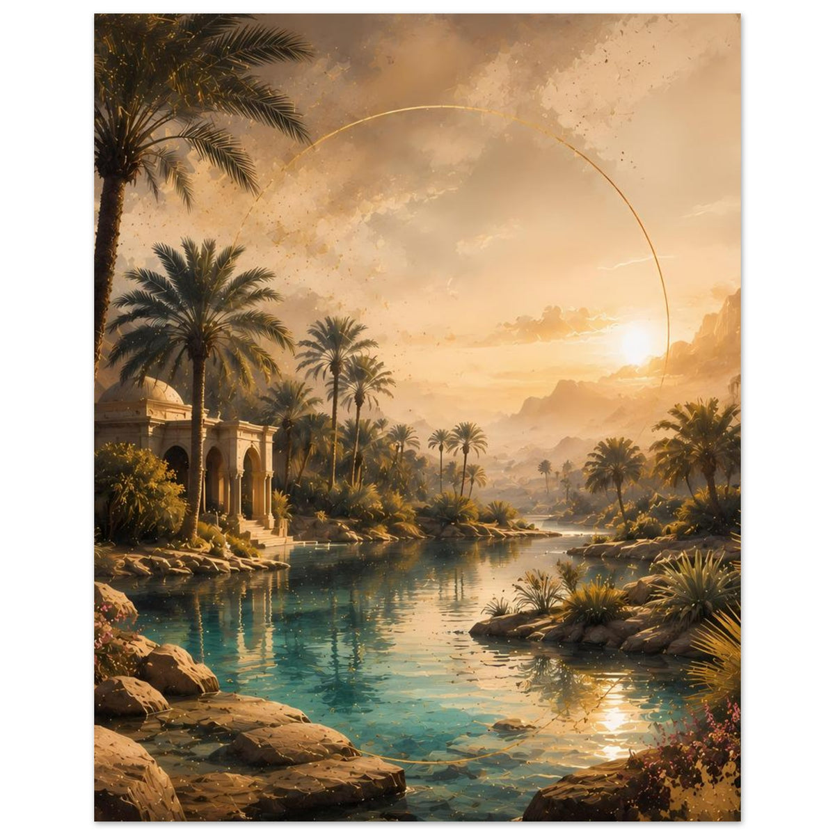 Poster im Hochformat mit Palmenoase, türkisblauem Wasser, orientalischem Pavillon