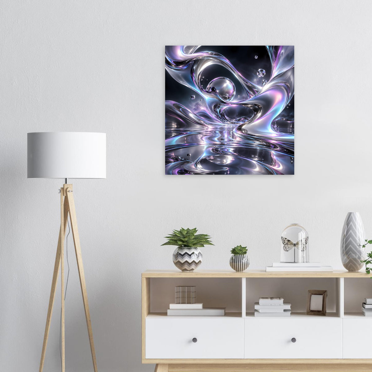 Quadratisches Poster mit flüssigem Chrom-Motiv in Blau, Lila und Silber