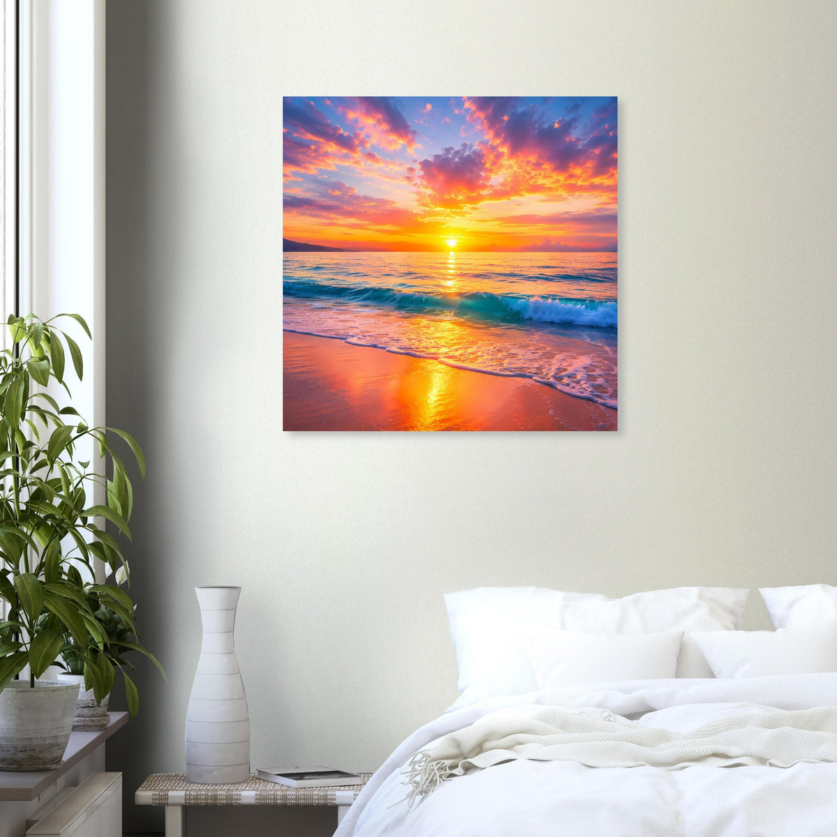 Poster mit Sonnenuntergang über dem Meer, orangefarbener Himmel und glitzernde Wasserlinie