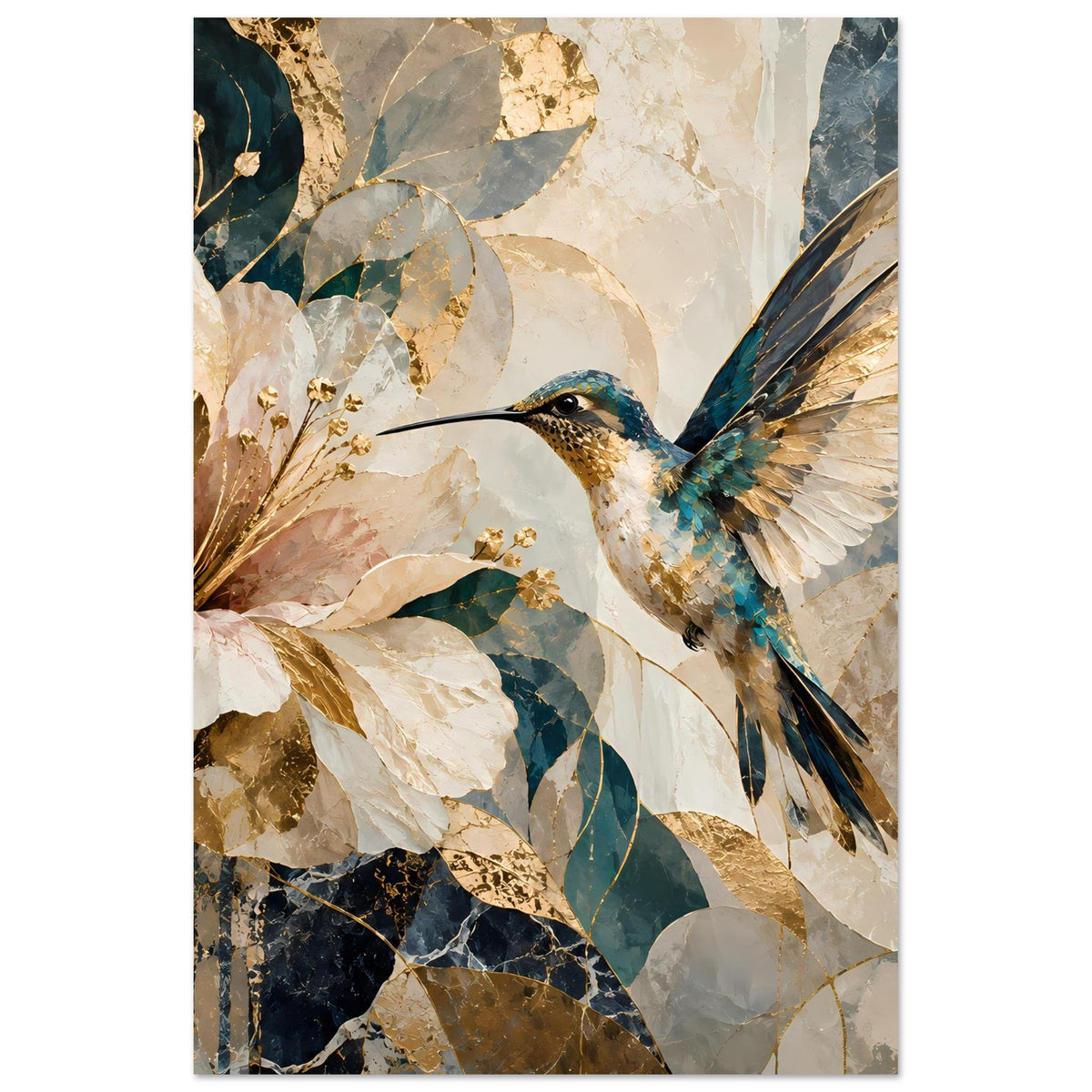 Kunstposter mit Kolibri und großen Blumenblüten, blau-goldene Marmoroptik, Hochkant