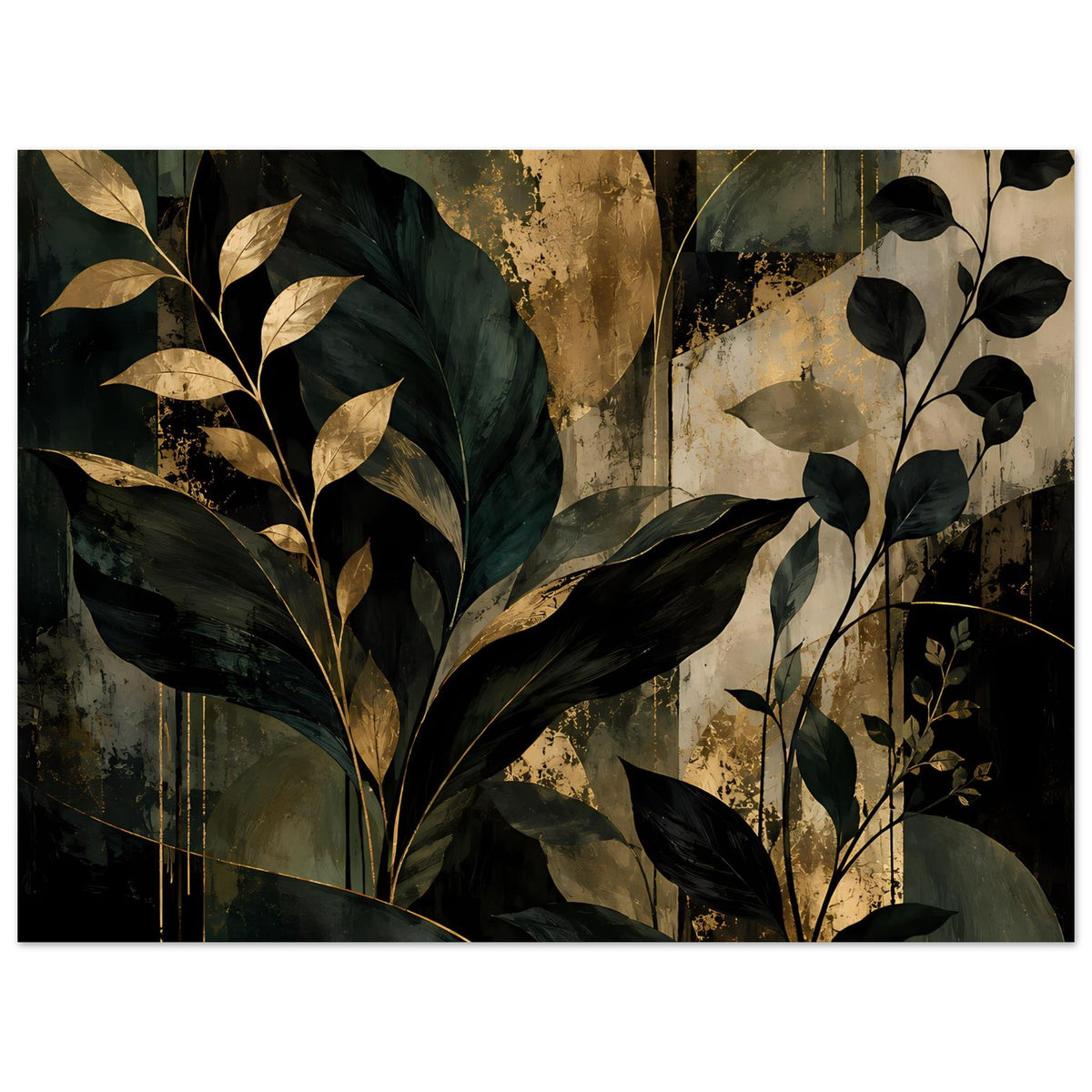 Botanisches Kunstposter mit kontrastreichen Blättern, Dunkelgrün, Gold und dunklen Zweigen.