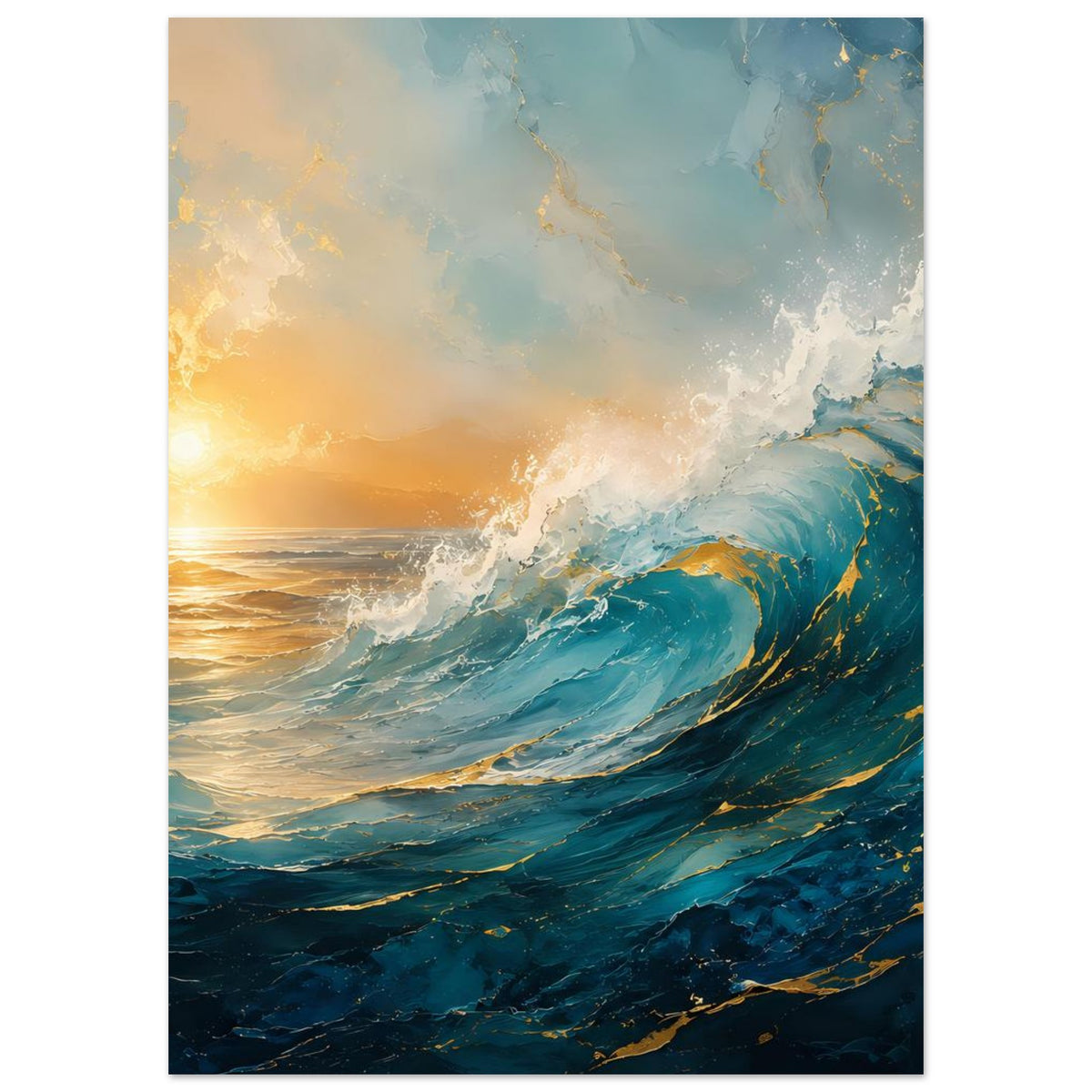 Premium-Poster mit Sonnenuntergang über dem Meer, türkisfarbene Wellen und weißer Gischt