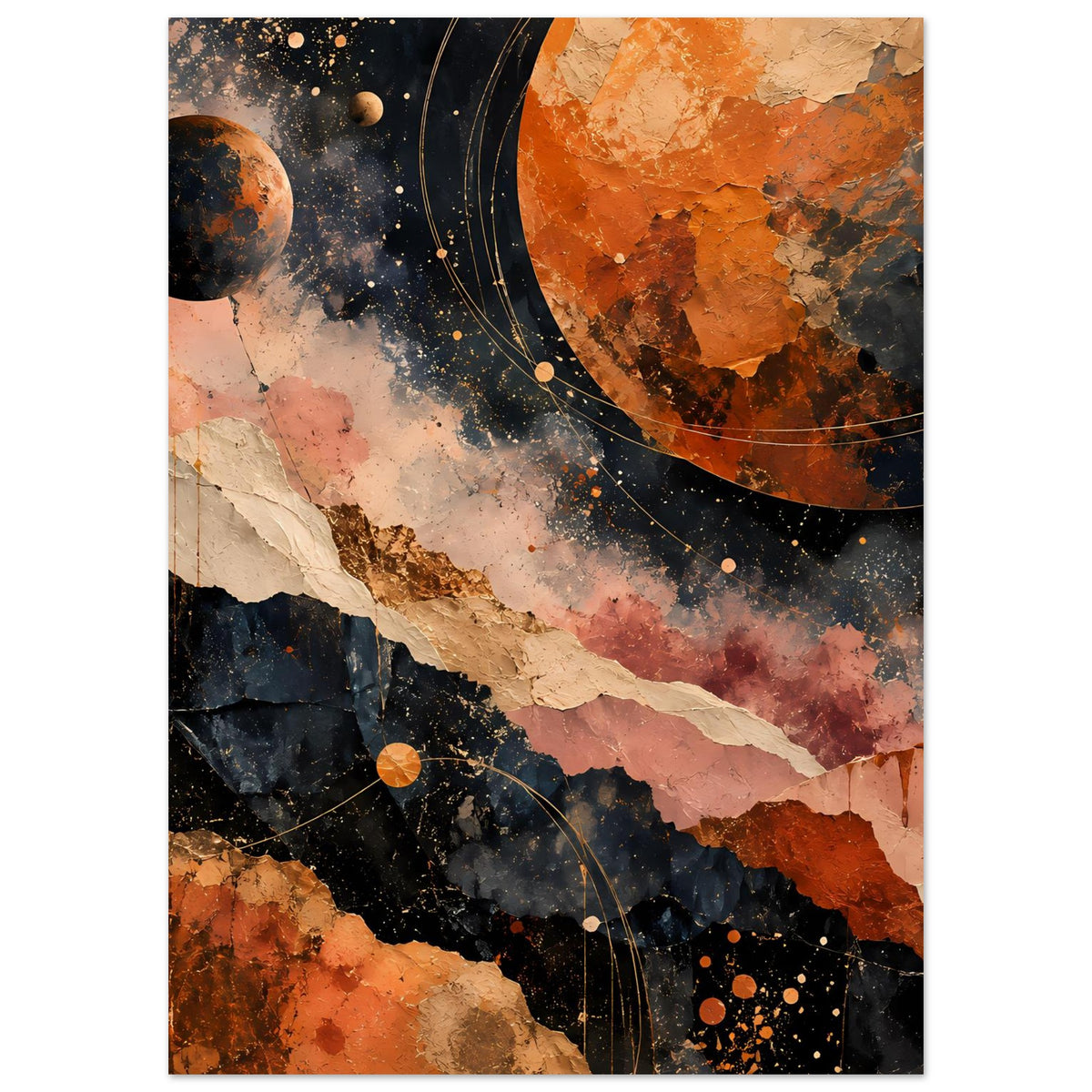 Abstraktes Poster (Hochformat) mit kosmischen Kreisen, Planeten und rostigen Erdtönen